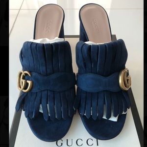 NIB Blue Suede Marmont mid-heel slide with GG